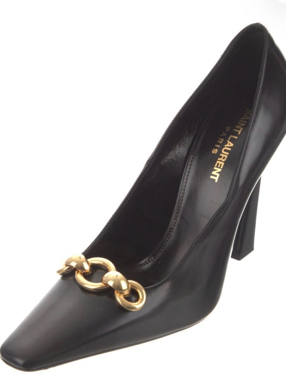 Saint Laurent Black Leather Pump with Gold Chain Accent